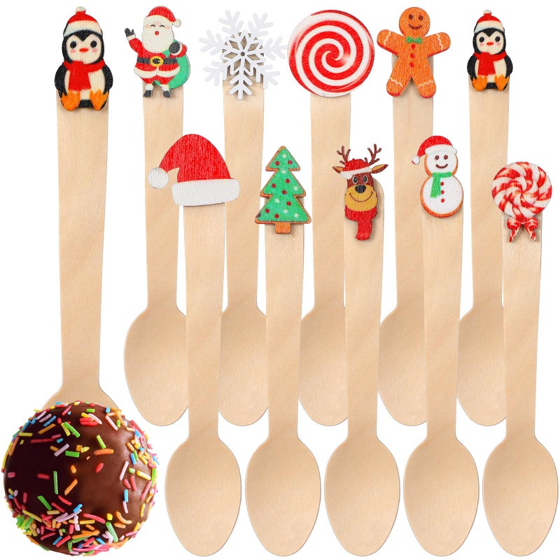 Pickmesh 100 Pieces Christmas Disposable Wooden Spoons with Cute Top 551 Inch Christmas Hot Chocolate Spoons for Tasting Cake Coffee Ice Cream Hot Chocolate Bar SuppliesClassic Style